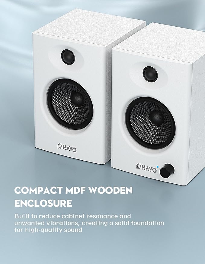 OHAYO 60W Computer Speakers for Gaming and Music, Active Bluetooth 5.3, Stereo 2.0 Speakers for Desktop PC Monitor or Laptop, Surround Sound Speaker, 3.5 mm Aux RCA Input, USB-Powered, 1 Pair, White