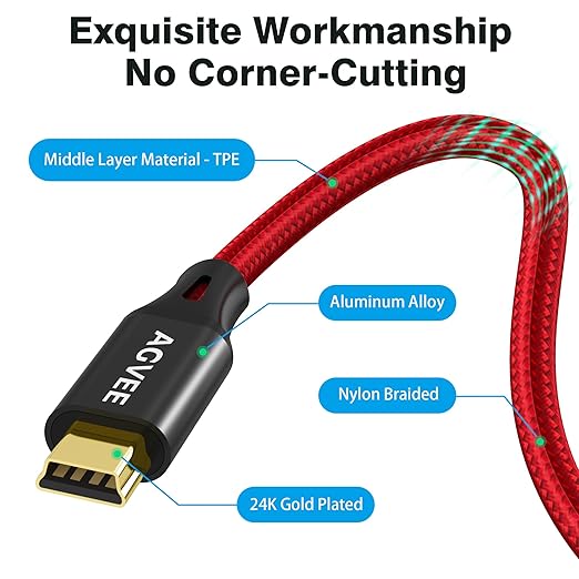 AGVEE 10ft Mini USB Cable, Braided Durable USB-A to Mini-B Charger Charging Cord for TI-84, Garmin GPS, Go-Pro Hero 4 3 2 HD, PS3 Controller, Canon Camera, Blue Yeti Microphone, Red