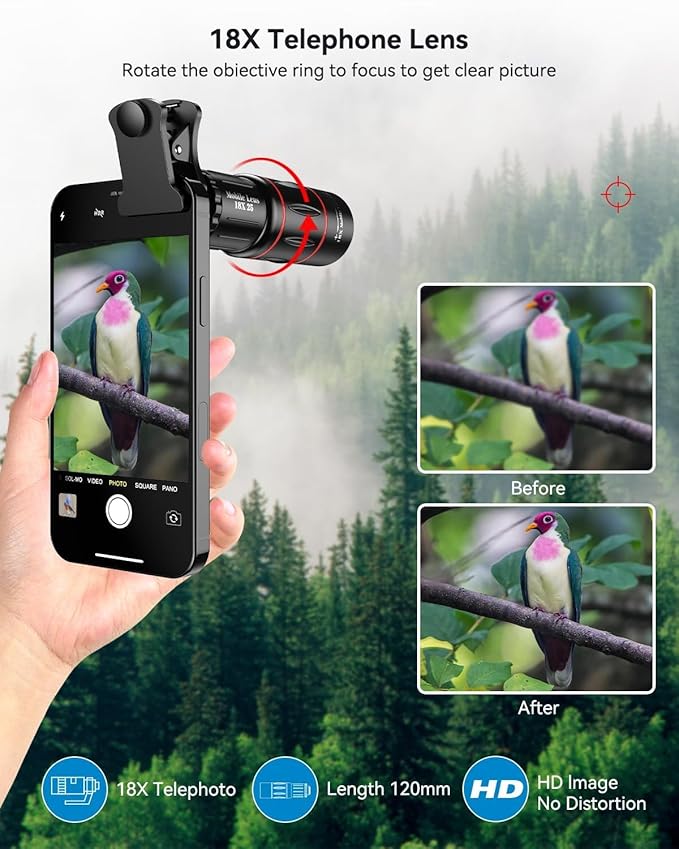 APEXEL 4 in 1 Phone Photography Kit, 18X Telephoto Lens, 198° Fisheye Lens, 15X Macro Lens, 0.63X Wide Angle Lens, Set with Flexible Phone Tripod, for iPhone 13/12/11/XS Max/XR/XS/X Samsung One Plus