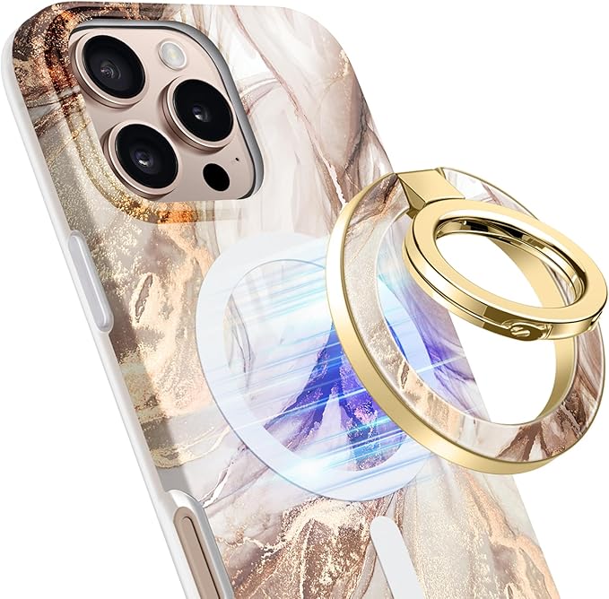 GVIEWIN Magnetic Phone Ring Holder, Compatible with MagSafe Phone Grip with Adjustable Stand, Magnet Phone Ring Kickstand for iPhone 16 Pro Max/Plus/15/14/13/12 Series/Other Phones (Topaz/Gold)