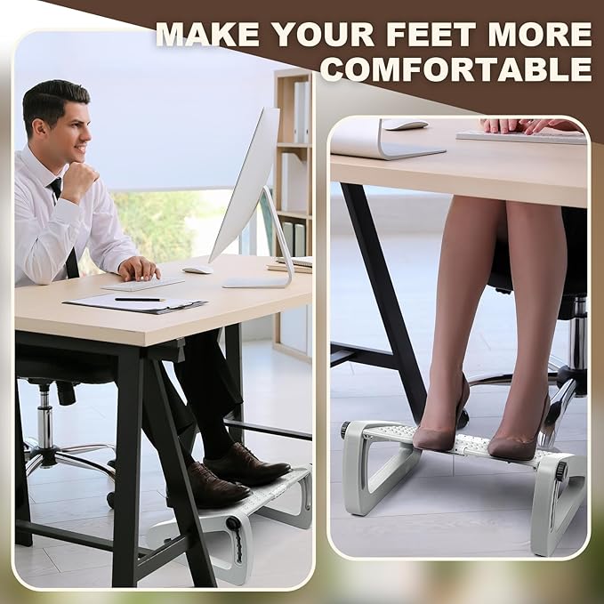 2 Pcs Foot Rest for Under Desk at Work, Ergonomic 6 Heights Adjustable Footrest with Massage Roller, Chair Footrest for Leg Rests for Office and Home Pressure Relief(Gray)