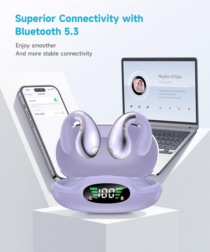 Ultra Open Ear Earbuds - Ergonomic Clip-On Earbuds, Small Bone Conduction Over-The-Ear Headphones with Waterproof Design, Perfect Running Headphones for Sports and Fitness, Purple