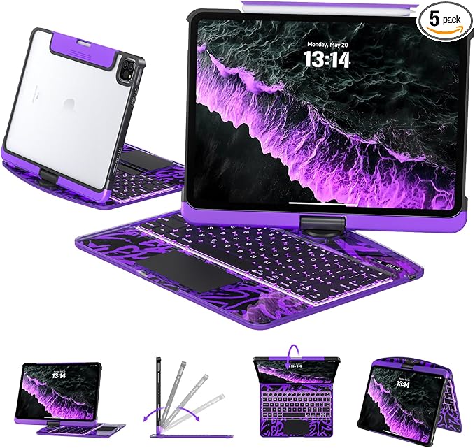 Transparent Case with Keyboard for iPad 9th (7th, 8th, and 9th Gen)10.2 Inch ,with 7-Color Backlit Wireless Keyboard,360°Rotatable Protective Case Multi-Touch Trackpad,with Pencil Holder,Purple