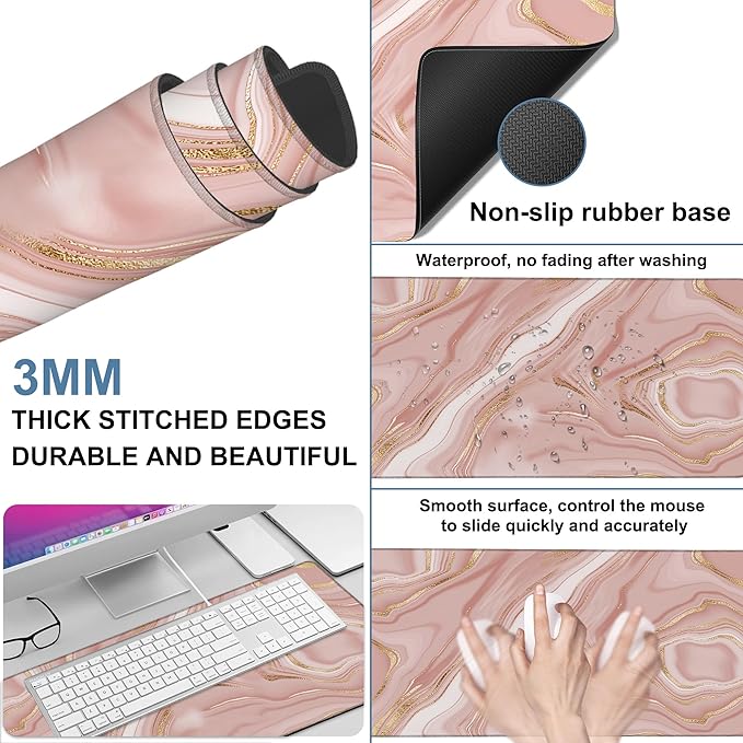 Liquid Marble Gaming Mouse Pad 3mm Thick Stitched Edge Waterproof Non-Slip Large Computer Keyboard Mouse Mat,Suitable for Office Entertainment Decorative Desk Pad 35.4 x 15.7 Inches