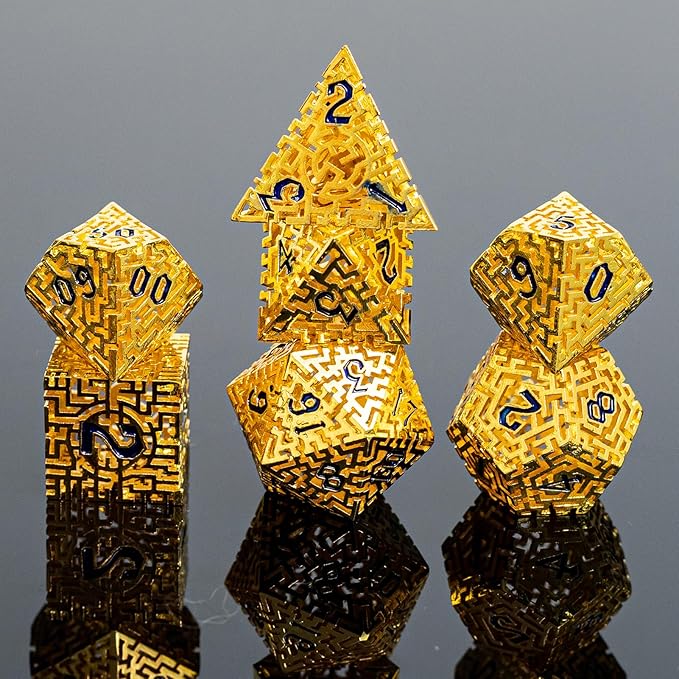 Golden Metal Hollow DND Dice Set (Paladin) Metallic Luster Maze Design with Storage Box - Balanced Weight 7 Piece Zinc Alloy, Designed for Dungeons and Dragons DM Player RPG Accessories