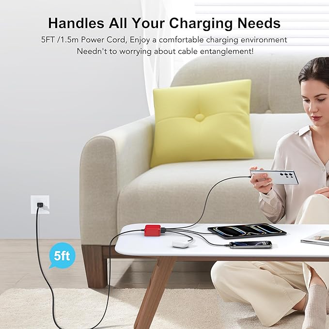 USB C Fast Charger 100W GaN 6 Port Type USB C Charging Station Hub Block Wall Charger Power Strip Adapter Plug Cube Brick 3 USB A for iPad iPhone16 15 14 13 12 11 Pro Max