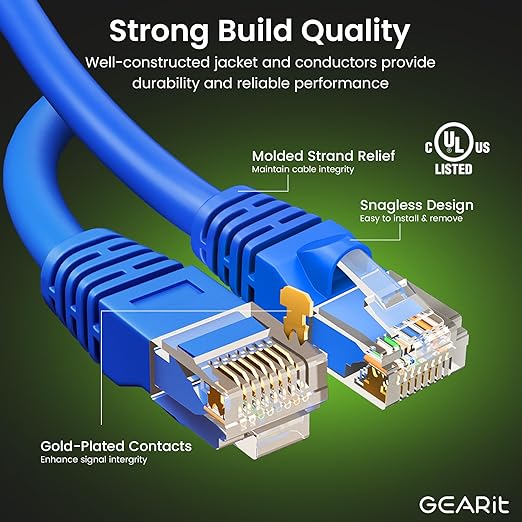 GearIT Cat 6 Ethernet Cable Pack - 10-Pack 7 ft Cat6 Ethernet Patch Cables | RJ45 Network Patch Cable, 10 Gbps Snagless Gold-Plated Connectors - Ethernet Cable Cat 6 for PC, TV, Router - Blue
