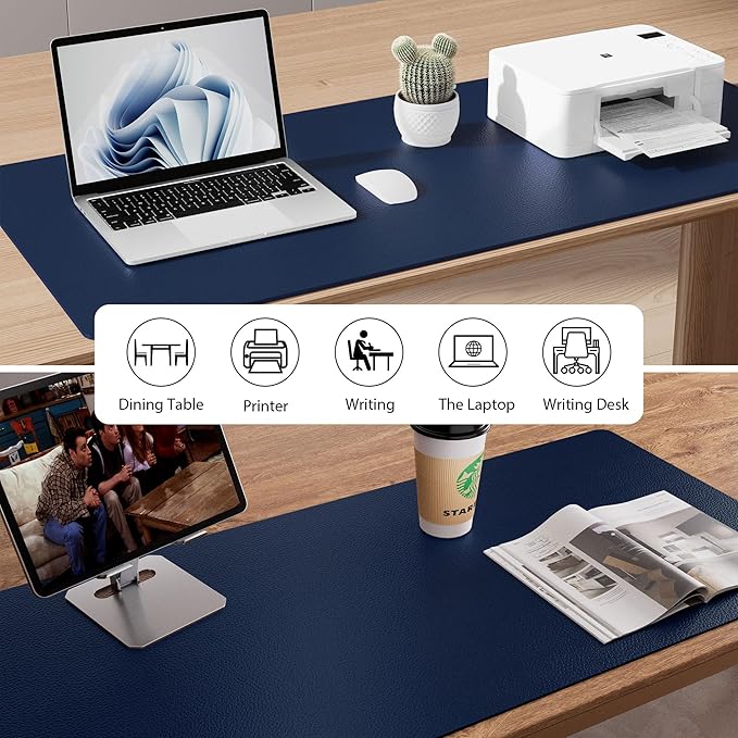 Aothia Leather Desk Pad Protector, Mouse Pad & Office Mat - Non-Slip PU Leather Desk Blotter, Laptop & Writing Pad - Waterproof for Office & Home (Dark Blue, 36" x 17")