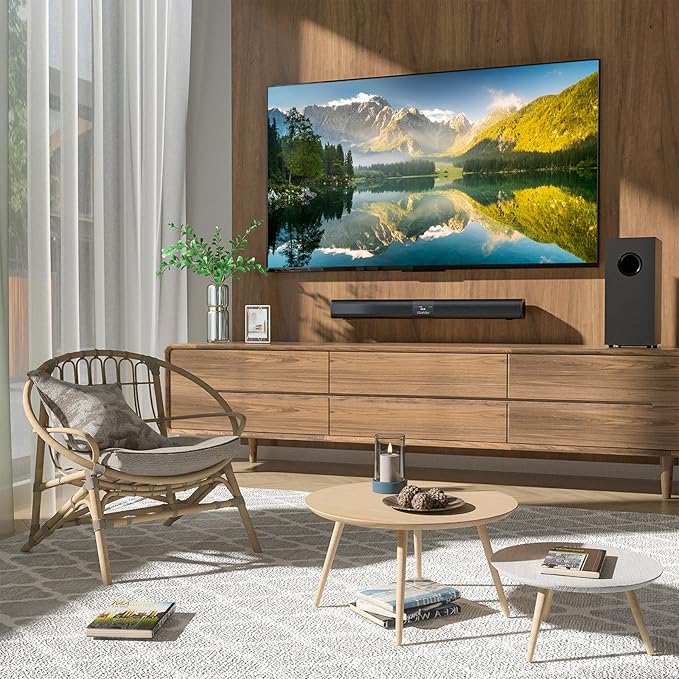 Saiyin Sound Bar for Smart TV with 5.25 Inch Subwoofer, 100W 24 Inch Soundbar for TV, TV Soundbar with Optical, ARC, AUX and Bluetooth 5.3 Inputs, Detachable Surround Sound System for TV
