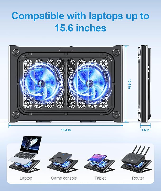 Laptop Cooling Pad Stand, Laptop Cooler with 2 Silent Fans for 10-15.6 Inch Laptops,6 Levels of Height Adjustable Wind Speed with 2 USB Ports (Black)