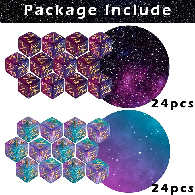 48 PCS MTG Counter Dice Magic The Gathering Counters Status Tokens Starry Sky Life D6 Dice Set for MTG Cards Game Night Accessories (Turquoise&Lilac, Navy&Purple)