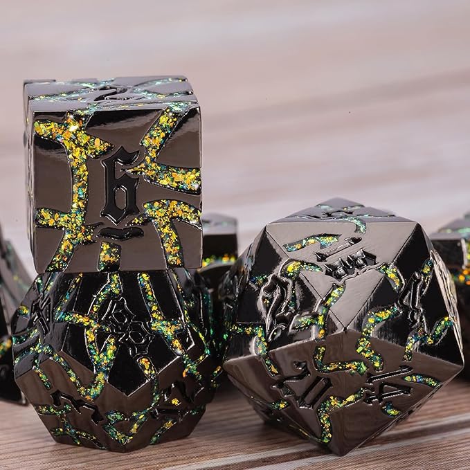7PCS DND Dice Set,Metalli Crack Stripe Dice Set with Gift BOC,Dungeons and Dragons Polyhedral Metal Dice for RPG Board Games (Black Nickel Yellow)