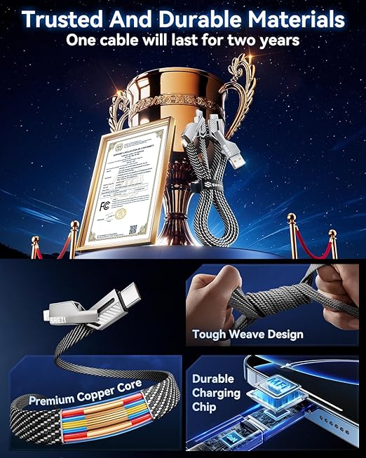 [One is Enough]4-in-1 USB C to Lightning Cable, 46W High-Speed Charging & Fast Data Transfer,CarPlay & Android Auto Support Multi Charger Cord Combo Lightning/Type C/USB A for iPhone/Samsung/iPad,5FT