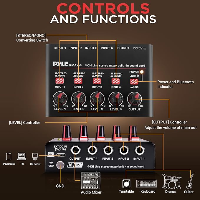 Pyle 4-Channel Wireless Bluetooth 5.0 Line Mixer - USB Audio Interface - 4 Mono/Stereo Inputs - Ultra-Low Noise - High Headroom - Built-in USB-C Sound Card - Compact Metal Chassis - PMAX4