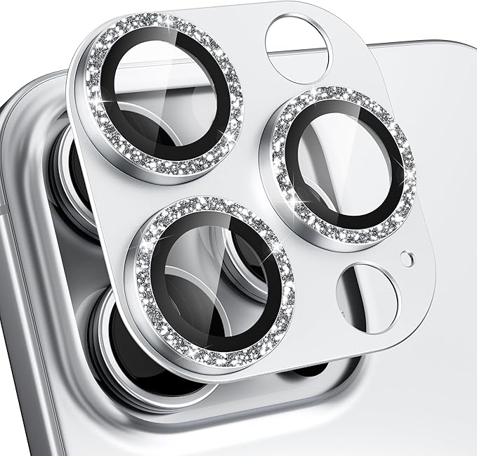 beuxece Compatible for iPhone 16 Pro/iPhone 16 Pro Max Camera Lens Protector, Bling Metal Tempered Glass Camera Screen Cover Accessories [Strong Adsorption][Case-Friendly]- Glitter Titanium Silver