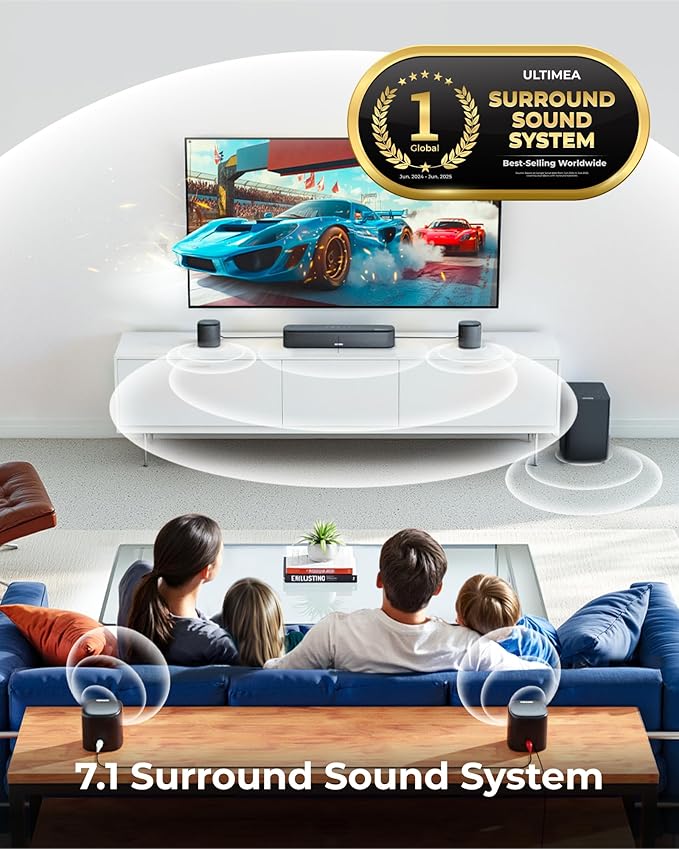 ULTIMEA 7.1ch Sound Bar with Dolby Atmos, Surround Sound System for TV with 4 Surround Speakers, Sound Bar for Smart TV with App Control, Soundbar with Subwoofer for Home Theater, HDMI eARC, Aura A60