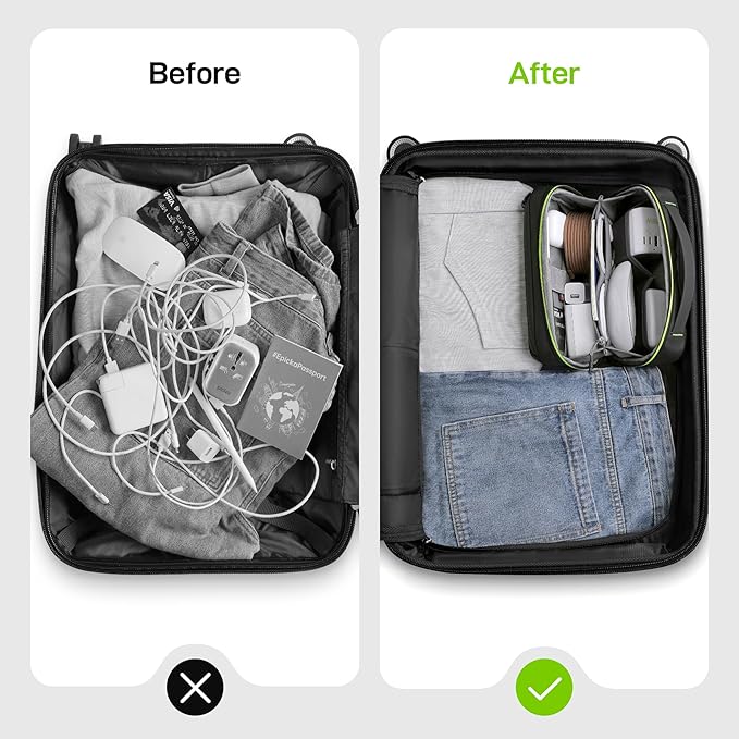 EPICKA Electronics Organizer Travel Case - Cable Organizer Bag for Travel Accessories, Tech Pouch for Cords, Charger, Adapter, Cables, Power Bank, Waterproof Storage Bag with Luggage Strap, Black