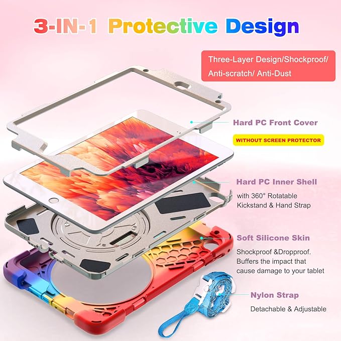 BRAECN iPad mini 5 Case,iPad mini 4 Case, Heavy Duty Shockproof Protective Rugged Case with Pencil Holder,Hand Strap,Kickstand, Shoulder Strap for iPad mini 5th/4th Generation 7.9 Inch for Kids