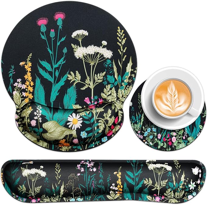 Mouse Pad with Wrist Rest Set, Qomolama 3-in-1 Wrist Support Mouse Pad Set, Floral Gaming Mousepad with Anti-Skid Base,Ergonomic Mouse Pad,Memory Foam Keyboard Gel Wrist Rest