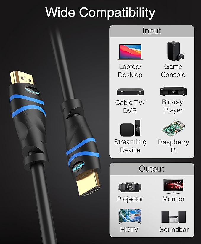 BlueRigger 8K HDMI Cable (10FT - 3 Pack, 8K 60Hz HDR, 4K 120Hz, High Speed 48Gbps with Ethernet, eARC, 3D, HDCP 2.3) - Compatible with PS5, Xbox, Roku, Apple TV, Switch, PC