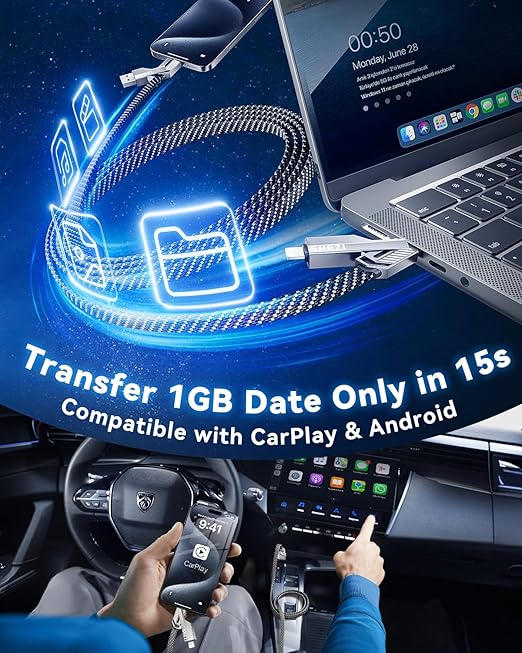 [One is Enough]4-in-1 USB C to Lightning Cable, 46W High-Speed Charging & Fast Data Transfer,CarPlay & Android Auto Support Multi Charger Cord Combo Lightning/Type C/USB A for iPhone/Samsung/iPad,5FT