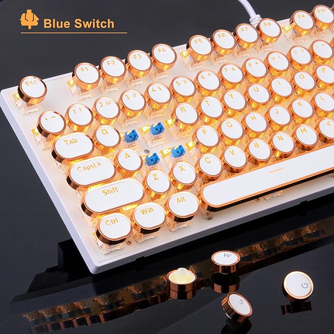 MageGee Typewriter Mechanical Gaming Keyboard, Retro Gold Punk Round Keycaps LED Backlit Wired Keyboards for Laptop MAC PC Gamer, with Magnetic Wrist Rest - Blue Switch