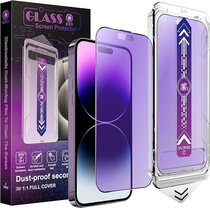 2 Pack Anti Blue Light Matte Screen Protector for iPhone 14 Pro Max/iPhone 15 Plus/iPhone 16 Plus, 9H Tempered Glass, Full Cover, Anti-Fingerprint, Auto Dust-Elimination, No Bubble, Easy Installation