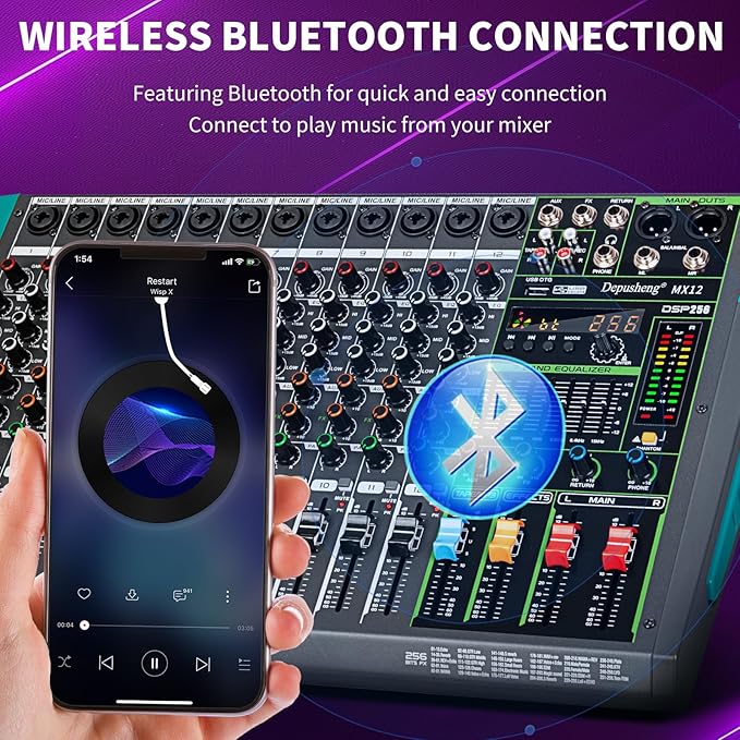 Depusheng MX12 12 Channel Sound Mixer Audio Mixing Console 48V 256DSP Professional USB PC Play Record Podcast Live Broadcast (US MX12)