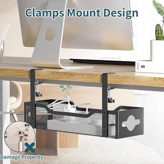 Litwaro Under Desk Cable Management Tray 2 Pack, No Drill, Organizer with Clamp Easy to Install for Standing Cord Organizer, Wire Damage Desk, Black, 13.38''-2 pack