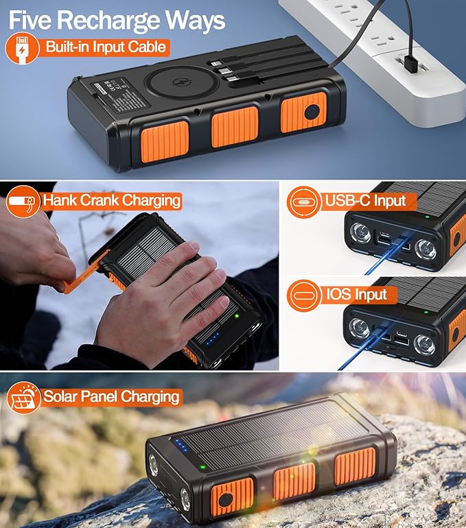 GOODaaa Power Bank Wireless Charger 45800mAh Built in Hand Crank and 4 Cables 15W Fast Charging Power Bank 7 Outputs & 4 Inputs Solar Portable Charger, SOS/Strobe/Strong Flashlights, Compass
