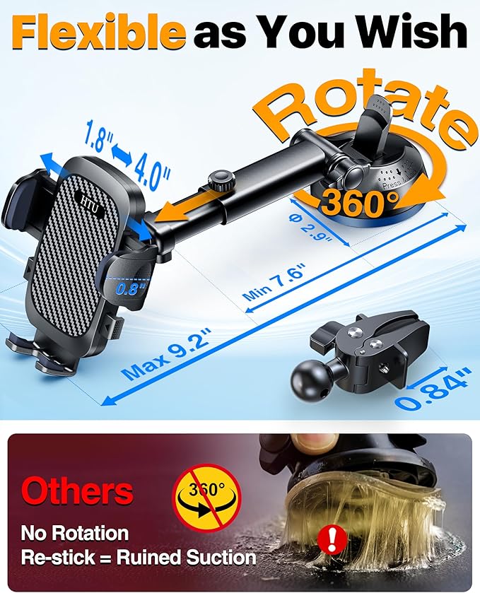 HTU 2025 Best Car Phone Holder 【Ultimate 5-in-1 & Upgraded 100+LBS Strongest Suction】【True Military-Grade & Safety Cert】 360° Windshield Dashboard Vent Mount Stand for iPhone Android & Truck, Black