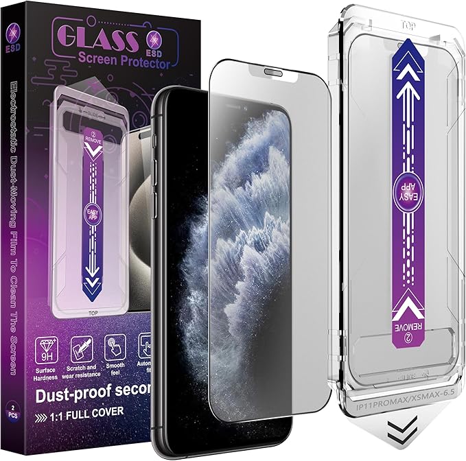 2 Pack Matte Screen Protector for iPhone 11 Pro Max/iPhon XS Max, 9H Tempered Glass, Full Coverage, Anti-Fingerprint, Auto Dust-Elimination, No Bubble, Easy Installation
