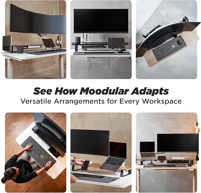 Moodular Wooden Monitor Stand 33.4” (85cm) Desk Organizer with Metal Slide Rails for Drawer, Tray, Laptop, Tablet, Phone & Headphones Customizable Riser for Organized Workspace Black MS85-B