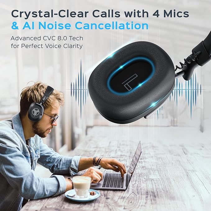 TREBLAB U5 - Hybrid Active Noise Cancelling Headphones Over-Ear, Deep Bass, 55H Battery, Mic for Calls, Bluetooth 5.3, Water-Resistant IPX4, Wireless Headphones Foldable for Travel, Gym, Work, Sports