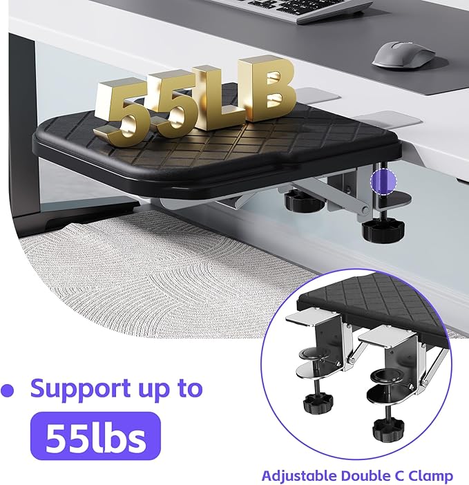 Arm Rest for Desk, 90°Foldable Computer Wrist Rest Shelf with Sponge Padding, Clamp on Arm Support, Ergonomic Sturdy Desk Extender for Office & Home, Durable & Easy to Install (Black)