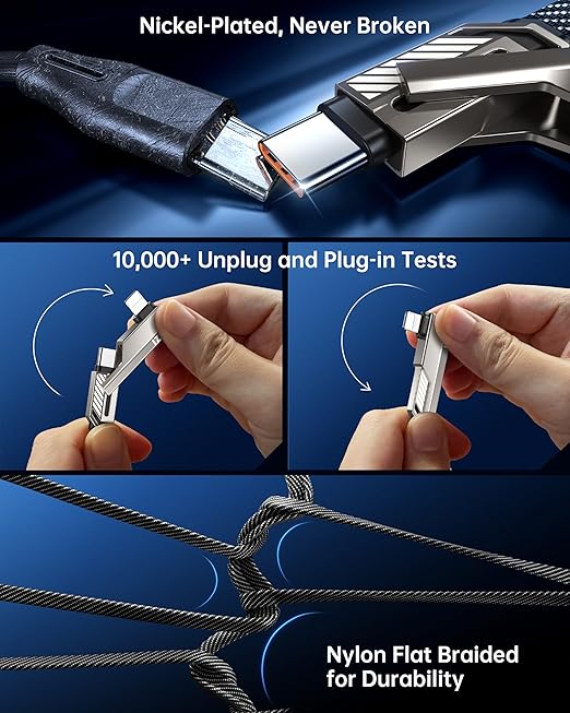 4-in-1 Long USB C Cable 10FT Compatible with Lightning Cable 90 Degree Fast Charging Flat Nylon Braided for iPhone/iPad Charger Cord Multi Charge Cord with L/USB C/USB A Ports, Grey