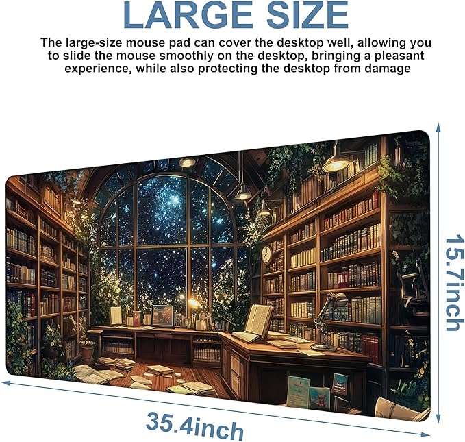 an Old Library Gaming Mouse Pad 3mm Thick Stitched Edge Waterproof Non-Slip Large Computer Keyboard Mouse Mat,Suitable for Office Entertainment Decorative Desk Pad 35.4 x 15.7 Inches