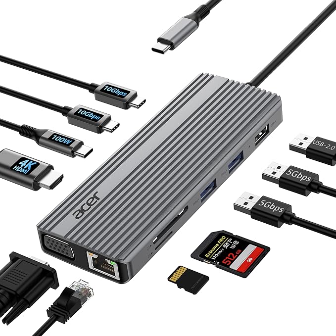 Acer 11 in 1 USB C HUB Multiport Adapter with 4K@60Hz HDMI, 1080P VGA, 2x10Gbps USB C, 2x5Gbps USB A, 100W PD Port, 1000Mbps Ethernet, SD/TF, Dual Monitor Docking Station for PC, Laptop, Desktop