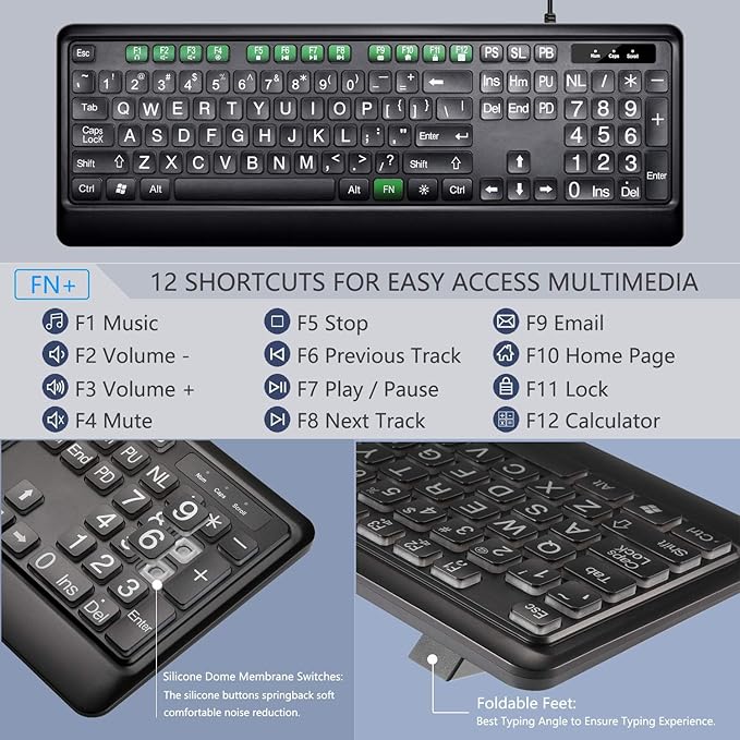 Large Print Backlit Keyboard, USB Wired Computer Keyboard, Full Size Keyboard with White Illuminated LED Compatible for Windows Desktop, Laptop, PC, Gaming, Black