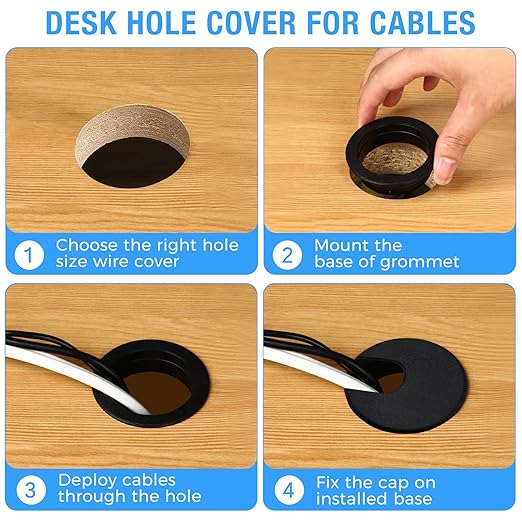 Desk Grommet 1-1/2" (38 mm), Desk Cord Hole Cover, Cable Grommet ABS Plastic, Desk Hole Grommet for Office and Home Table Cable, Detachable Cable Cord Organizer (Black 4 Pcs)