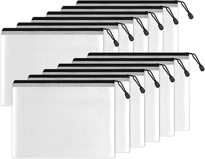 SUNEE Plastic Mesh Zipper Pouch 7x11 in (Black, 12 Packs), Small Water-Resistant Zip Bag for School Office Supplies, Pencil Organizing Storage