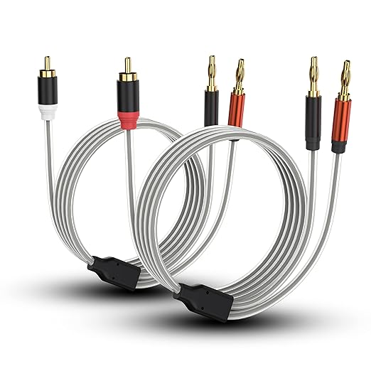 HOSONGIN RCA to Banana Plug Speaker Cable 6 Feet -2 Pack, Gold-Plated Dual-Shielding Hi-Fi Stereo Cable for Home Theater/Amplifier/Subwoofer/Speaker/Audio Receiver/Vinyl Record Player/SoundBar