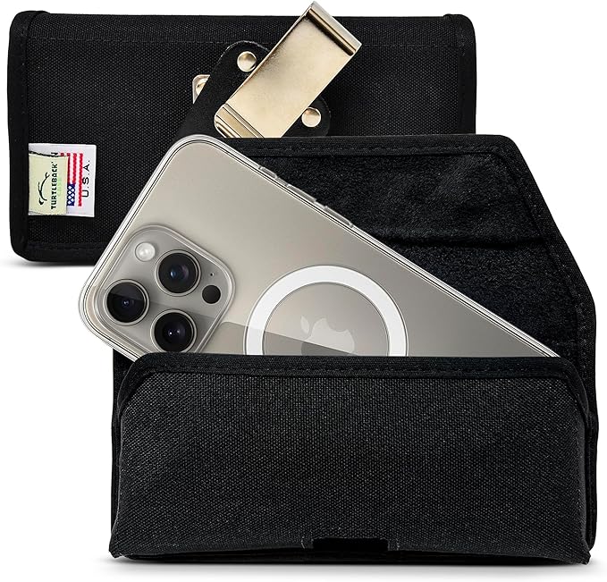 Turtleback Belt Clip for iPhone 16 Pro, 16e, 15 pro 14 Pro 13 Pro -Small- Fits w/Slim MagSafe Style Cases - Premium Black Nylon, Horizontal Belt Holder, Magnetic Closure, HD Rotating Belt Clip