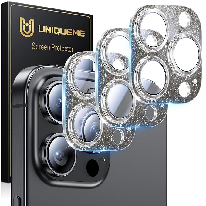 UniqueMe for 3 Pack iPhone 15 Pro/iPhone 15 Pro Max Camera Lens Protector, [Drop Protection] [Case Friendly] Camera Cover Screen [Update New Version] - Intergrated Glitter Black