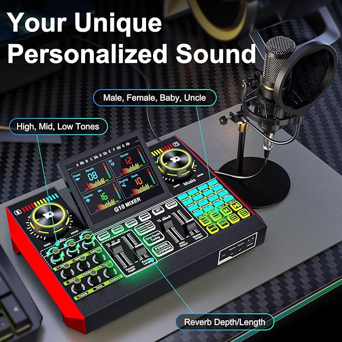 Podcast Microphone Bundle with Live Sound Card Audio Mixer, Podcast Equipment Bundle with 3.5mm Condenser Microphone for Pc/Phone Live Streaming Singing Gaming, Sound Board with Voice Changer, Denoise
