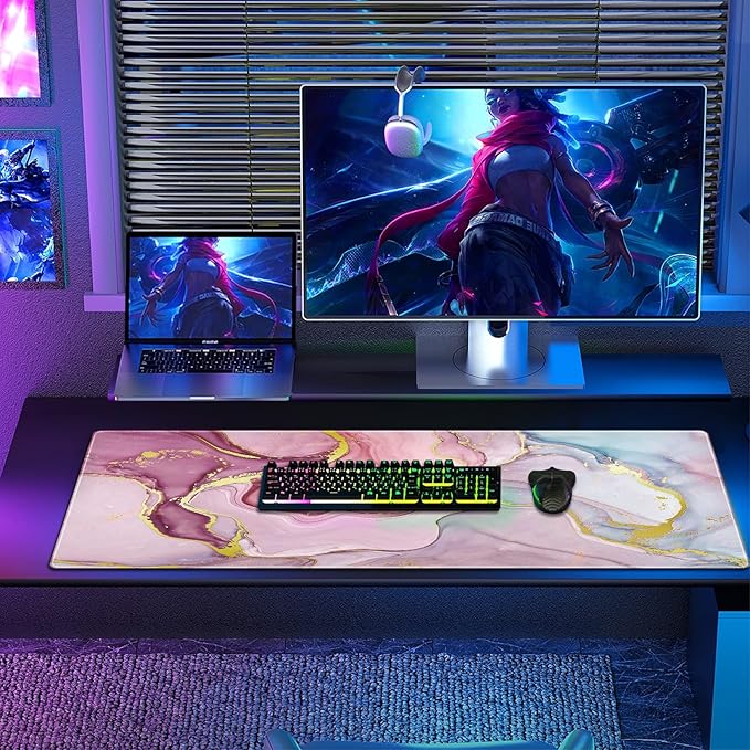 Galdas Gaming Mouse Pad Cool Flash Pattern XXL XL Large Mouse Pad Long Extended Mousepad Desk Pad Non-Slip Rubber Mice Pads Stitched Edges Thin Pad (31.5x11.8x0.12 Inch) (Pink Marble Pattern)