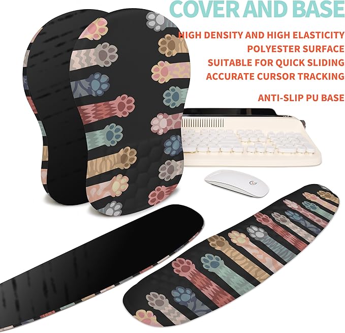 2-in-1 Ergonomic Set, Wave Rise Keyboard Wrist Rest and Massage Bulge Slope Mouse Pad Wrist Support, Cushion Memory Foam Integrated to Relieve Wrist Pain, Multicolour Cat Claws