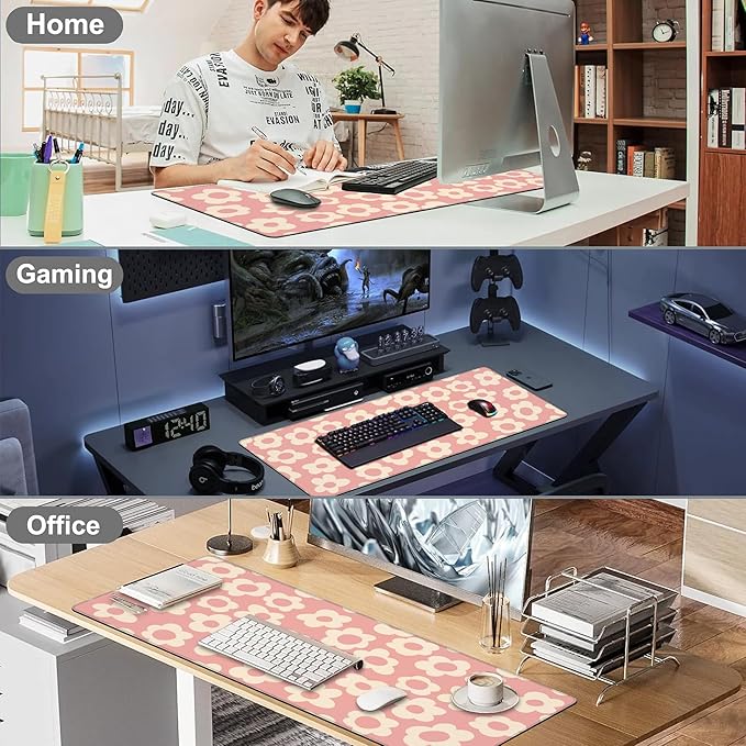 Mouse Pad, Large Pink Groovy Flowers Desk Mat, Extended Non-Slip Gaming Keyboard Mousepad Desk Pad, Thick Stitched Edges Waterproof Mouse Mat 31.5"x15.7" (Vintage Floral)