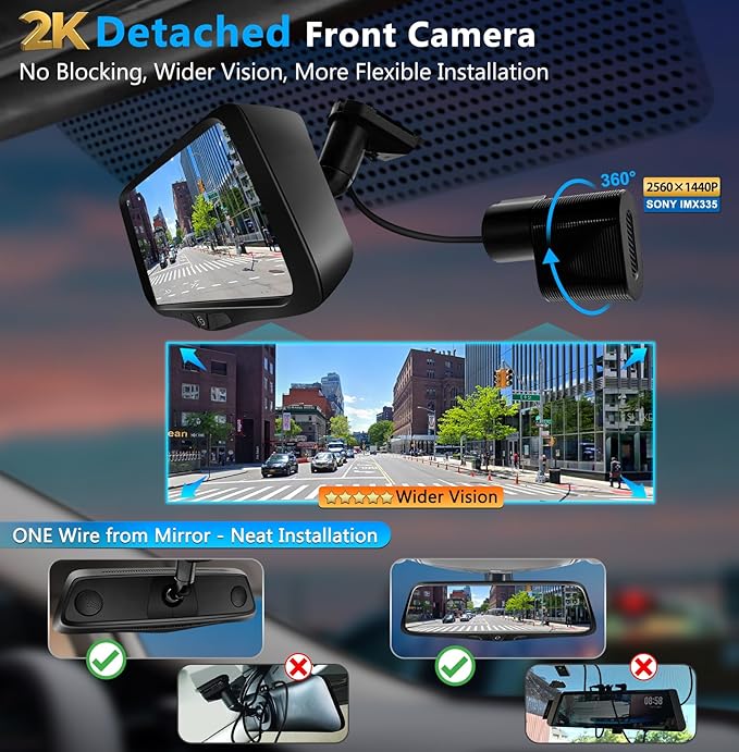 PORMIDO OEM 2K Rear View Mirror Camera,10" Mirror Dash Cam with Detached Front Backup Camera, Smart Full Touchscreen Rearview WDR Dashcam with Built-in GPS,64GB Card,Parking Monitor,Night Vision