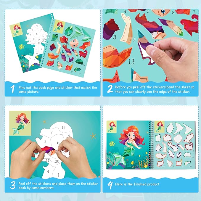 homicozy 3PCS Sticker Paint Books for Kids Ages 4-10,Unicorn Mermaid Animals Designs Paint by Stickers,Sticker by Numbers,Party Birthday Gifts for Girls 4-10,Create 30 Pictures One Stickers at A Time